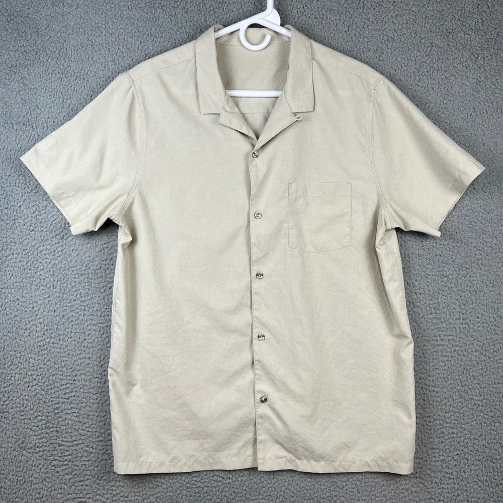 Vuori Mens Short Sleeve Camp Button Up Loop Collar Shirt V1033 Khaki Tan Large